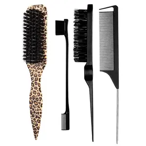 4-Piece Leopard Print Nylon Brush & Comb Set, Hair Styling Brush, Detangling Hairbrush - Create Hairstyles, Parting, Back Combing, Detangling & Smoothing Easy to Clean for Edge&Back Brushing, Combing, Slicking Hair for Women (Black)