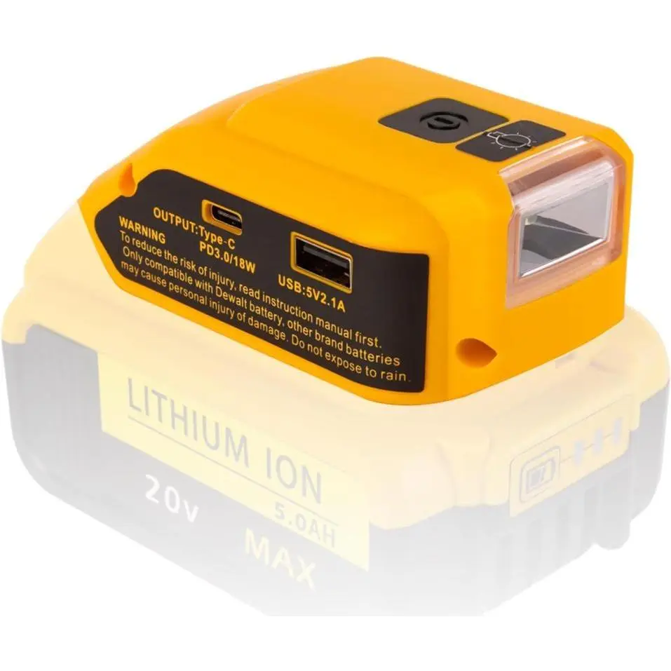 This USB charging adapter converts DeWalt lithium batteries into USB and Type-C ports, conveniently powering various smart devices. It also includes a built-in LED light with multiple brightness settings, perfect for outdoor and work scenarios.