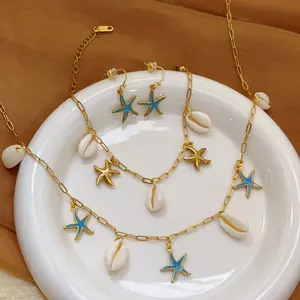 4PCS Starfish Jewelry Set, New Shell Starfish Necklace for Women Ocean Style Vacation Fashion Versatile Jewelry Shell Stainless Steel Bracelet, Earrings, Necklace Jewelry