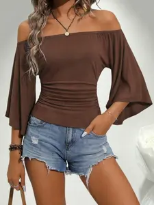 Sexy Off-Shoulder One-Piece Top for Women, Slim Fit with Flared Sleeves, Waist-Cinch Design, Versatile Basic Casual Style, Single Piece