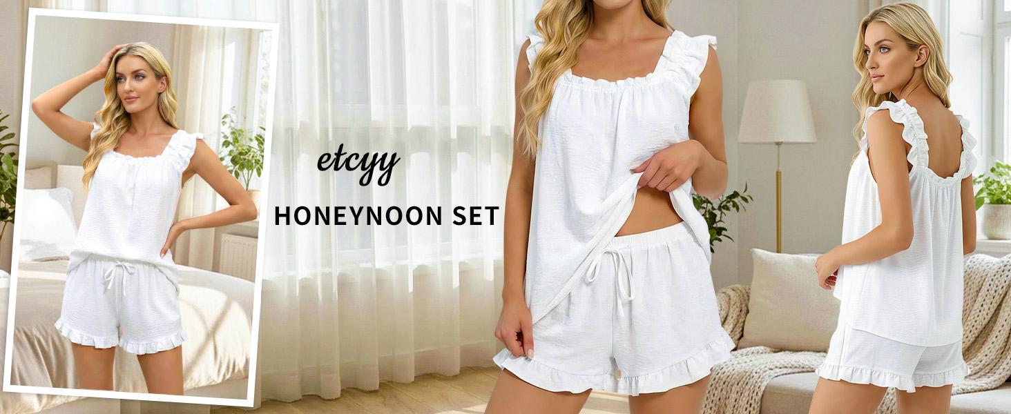 ETCYY Women's Ruffled 2-Piece Lounge Set – Chic Square Neck Tank & Frill Shorts PJs, Summer Co-ord Outfit, Lightweight Flowy Sleepwear, 2 Piece Sets Women, Plus Size Sets, Casual Matching 2 Piece Sets for Women,Knit Casual Lounge Set,co ord