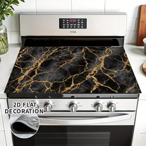 1 piece of black and gold marble stove top replacement cover -2D flat design with glossy marble texture, scratch resistant oven pad, kitchen countertop insulation pad Stove Plate