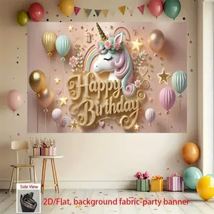 Magical Unicorn Happy Birthday Background Banner, polyester backdrop, unicorn-themed elements, suitable for living rooms, bedrooms, offices, birthdays, anniversaries, home décor, outdoor and indoor parties, photography backdrop, birthday party supplies