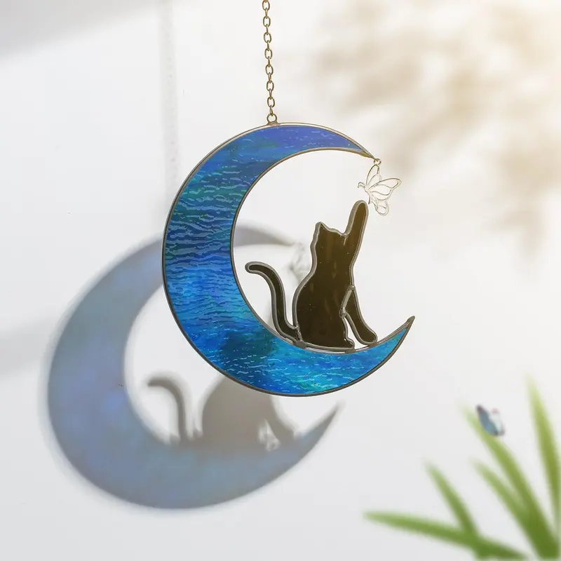 CANDELDO Cute Black Cat Moon-Themed Stained Glass Window Hanging - Animal Theme Hanging Decor, Blue Moon Cat Suncatcher, Mother's Day Gift for Women, Patio Home Decor Accessory