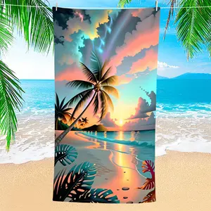 Tropical Sunset Beach Towel with Palm Trees And Ocean View for Summer Vacation And Pool Party