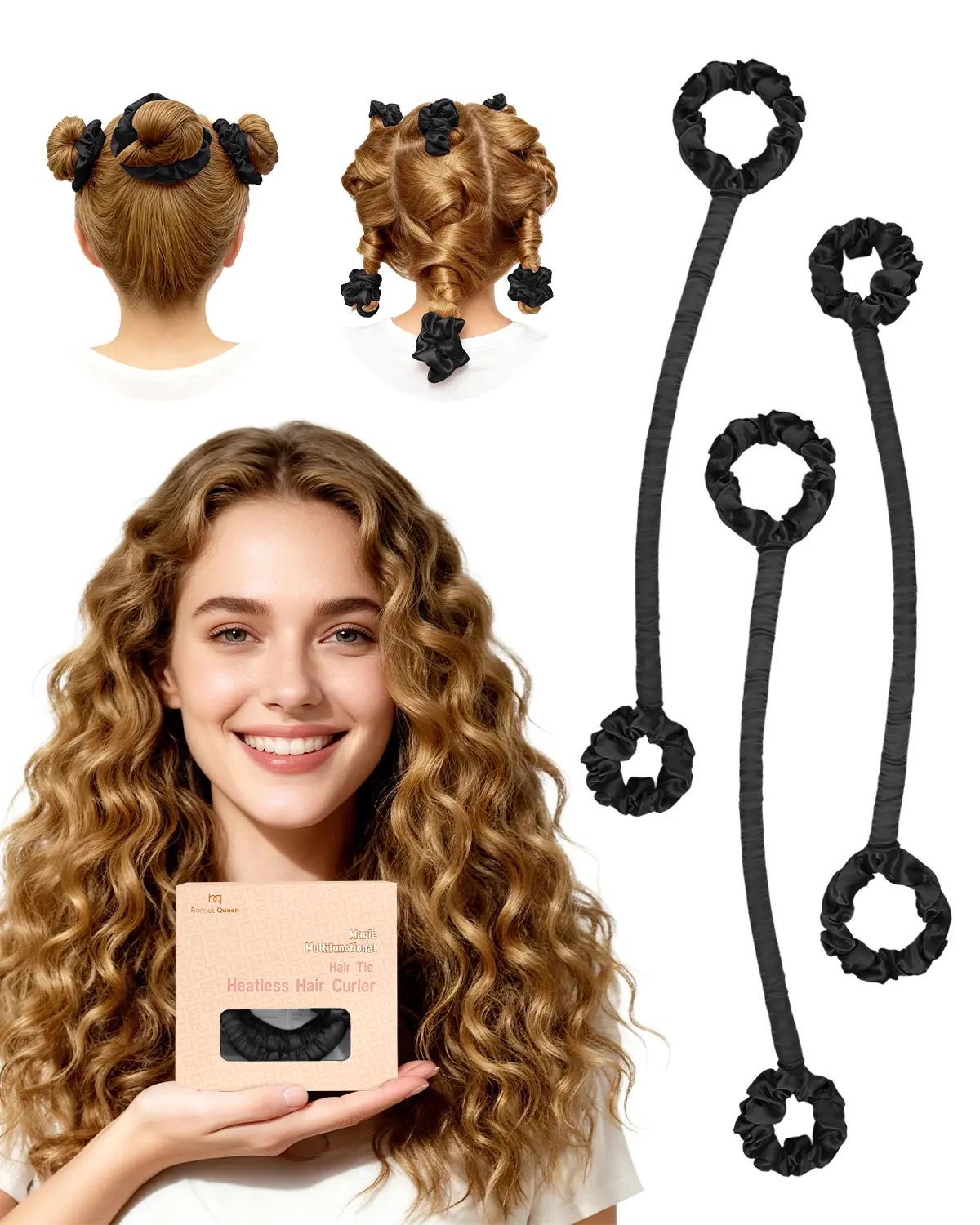 BONNET QUEEN Small Satin Rollers 3-Piece Heatless Hair Curler Set - Soft Sponge, Secure Hold, Wrap-Tight Design, Overnight Sleep-In Tool for Bouncy Heatless Curls (Blush Pink), Hair Rollers, Heat-Free, Fine/Straight/Wavy, Foam, Beginners