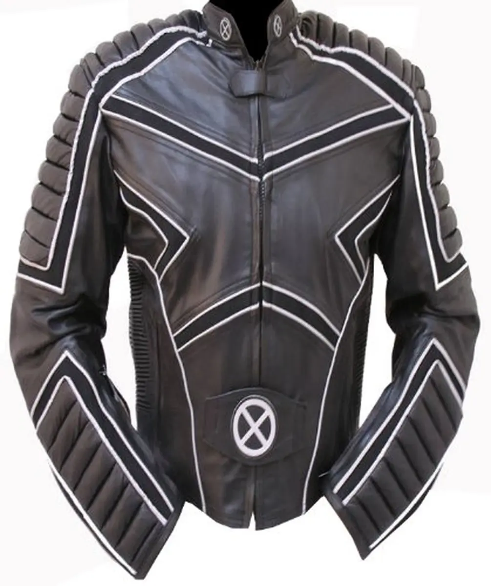 Men's Thick Long-Sleeve Motorcycle Leather Coat - Shelter 341-48, X-MAN Racing Design, CE Armor, Removable Dual Density Armor at Shoulders, Reflective Stretch Nylon, Zipper Closure, Size 48