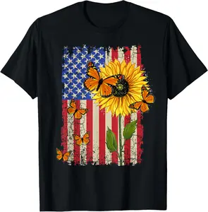 Women's Cotton Casual Short-Sleeve Garment - Sunflower, Monarch Butterflies, Patriotic American Flag Graphics Prints, Flat Sports Top for Outdoor Activities