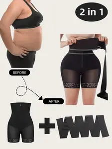 2 In 1 Women Solid Color Shapewear Shorts&Shapewear Belts, Fajas, Waist Trainer, Minimalist Adjustable Waist Wrap Shapewear Bottoms, Butt Lifting And Shapewear Panty, Comfortable Colombian Shaper Shorts, Suitable For Daily Wear Or Gym