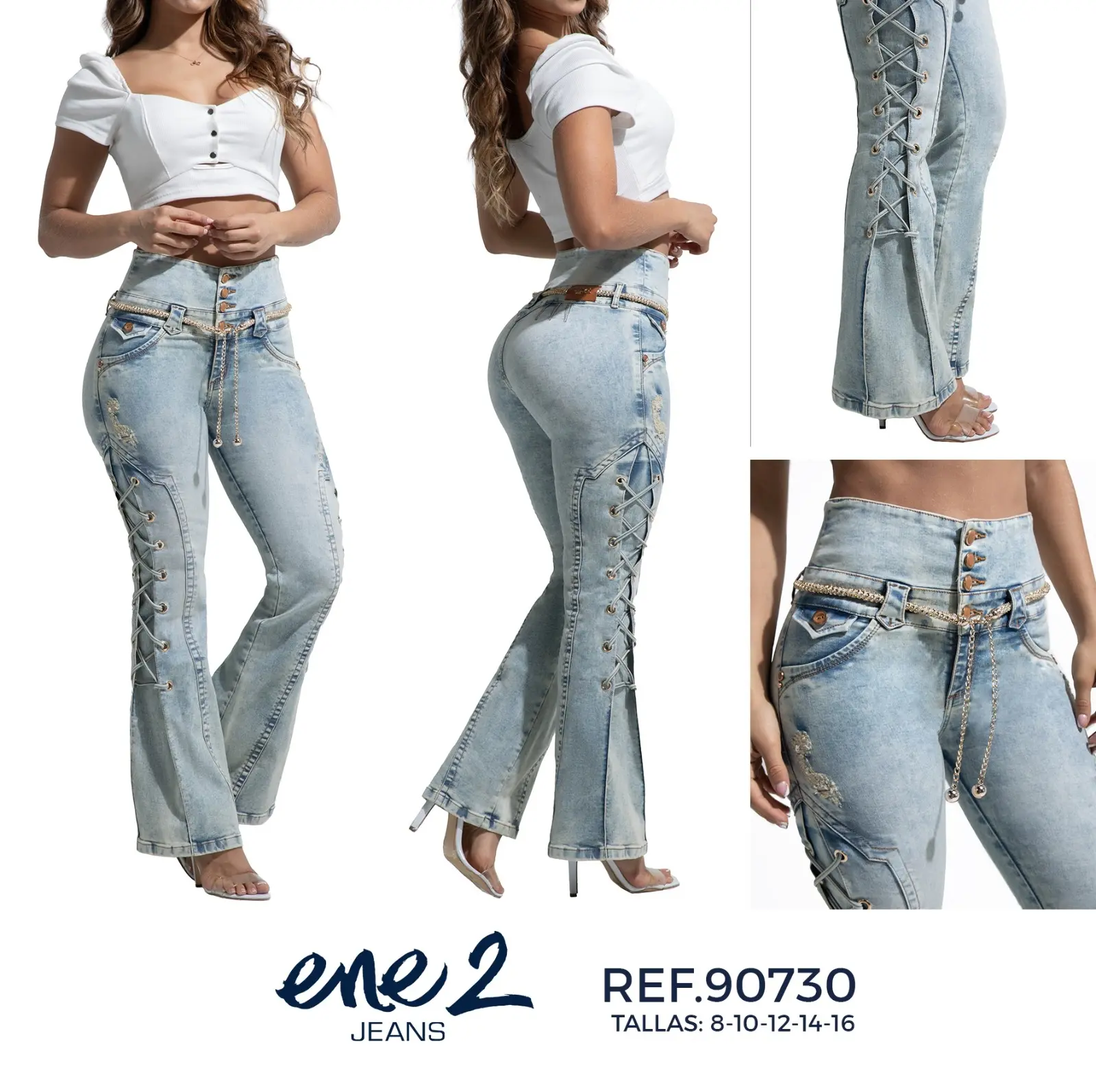 Ene2 Jeans Women's Fashionable Denim Bota Campana REF 90730 with Unique Lace-Up Detail Sizes 10-16 Bottoms Womanswear Basic Minimalist Skinny Slim All Seasons Stretch Comfortable Moldeador Everyday Womenswear