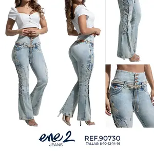 Ene2 Jeans Women's Fashionable Denim Bota Campana REF 90730 with Unique Lace-Up Detail Sizes 10-16 Bottoms Womanswear Basic Minimalist Skinny Slim All Seasons Stretch Comfortable Moldeador Everyday Womenswear