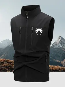 Men's Lightweight Breathable Nylon Vest, Snake Pattern Sleeveless Windproof Jacket, Multi-Pocket Stand Collar Zip Design, Outdoor Hiking Fishing Camping