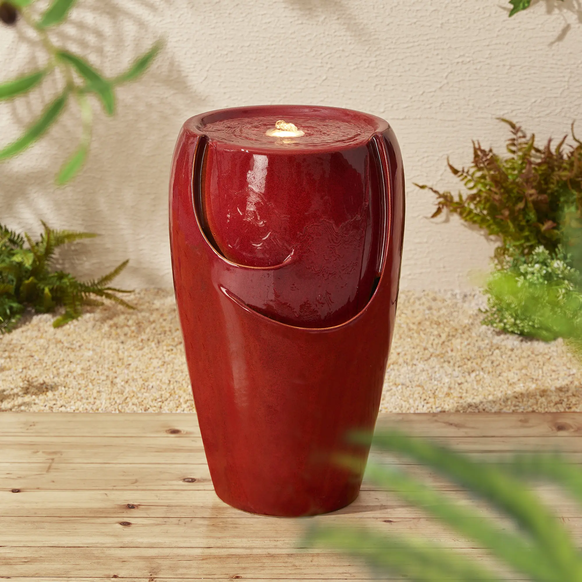 Glitzhome 21.25"H Outdoor Ceramic Pot Fountain, Outdoor Fountain with Built-in Pump, LED Light and Water Cascade (KD)