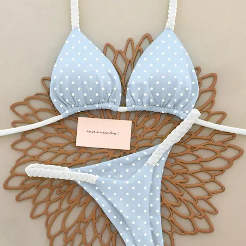 Women's Blue Polka Dot Bikini Set, Sexy Beachwear Two-Piece Swimsuit, Fresh Summer Spring Swimwear, Fitted Style, Fitted Swimsuits