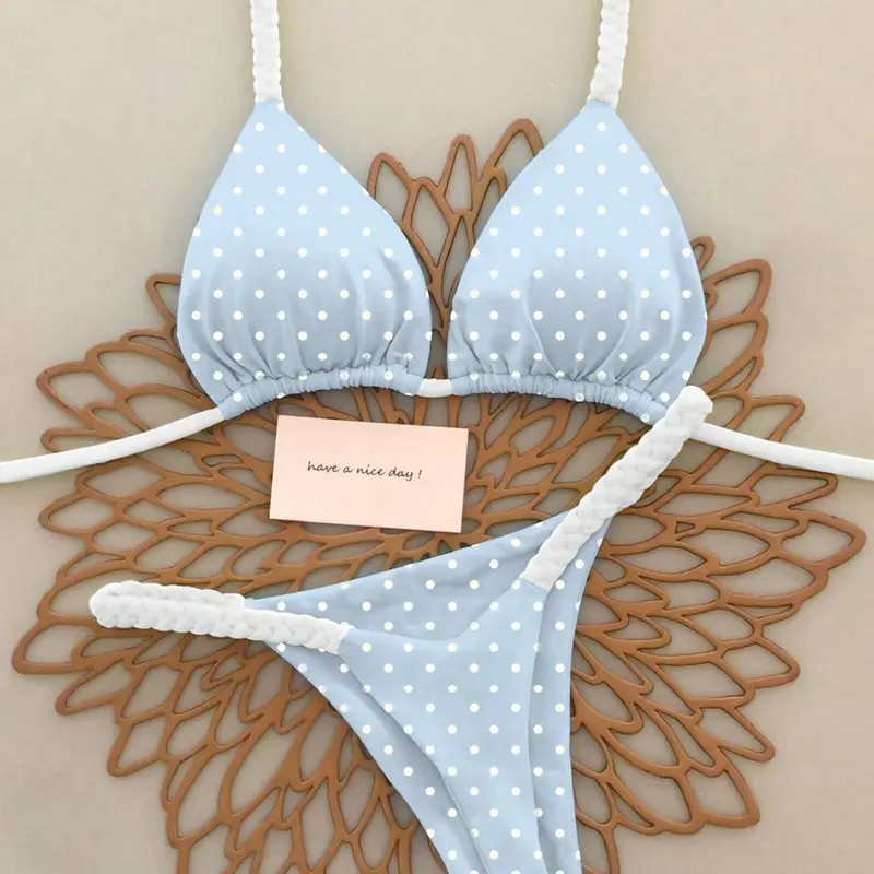 Women's Blue Polka Dot Bikini Set, Sexy Beachwear Two-Piece Swimsuit, Fresh Summer Spring Swimwear, Fitted Style, Fitted Swimsuits