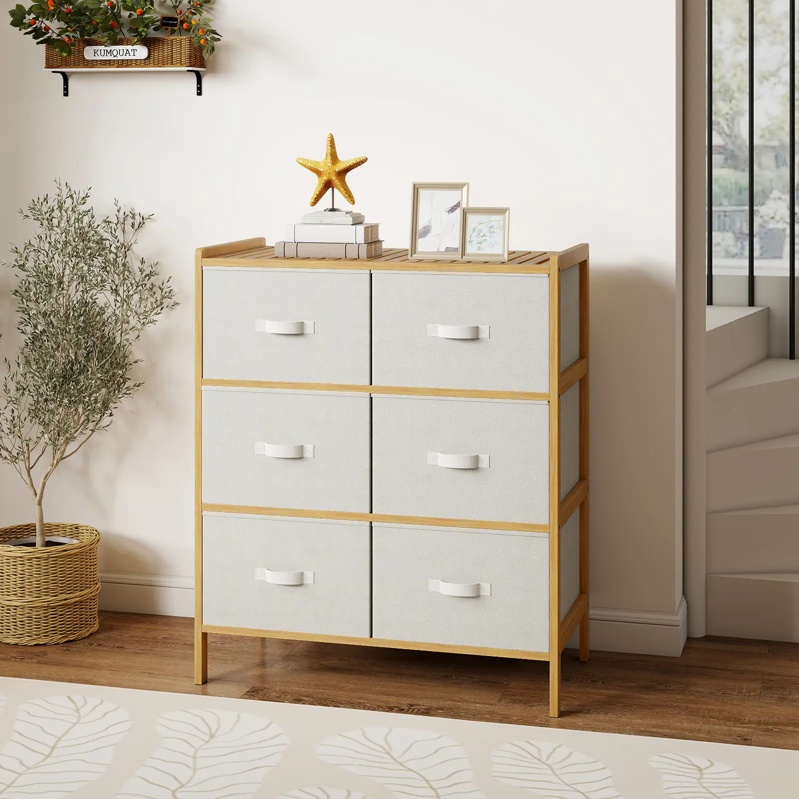 COSTWAY - Fabric Dresser with 6 Drawers with 6 Folding Fabric Bins for Bedroom Living Room-Natural