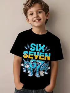 6-7 Year Old Boys' Casual Round Neck Short Sleeve T-Shirt, Base, Pixel Robot 3D Print, Fun and Stylish Kids' Top