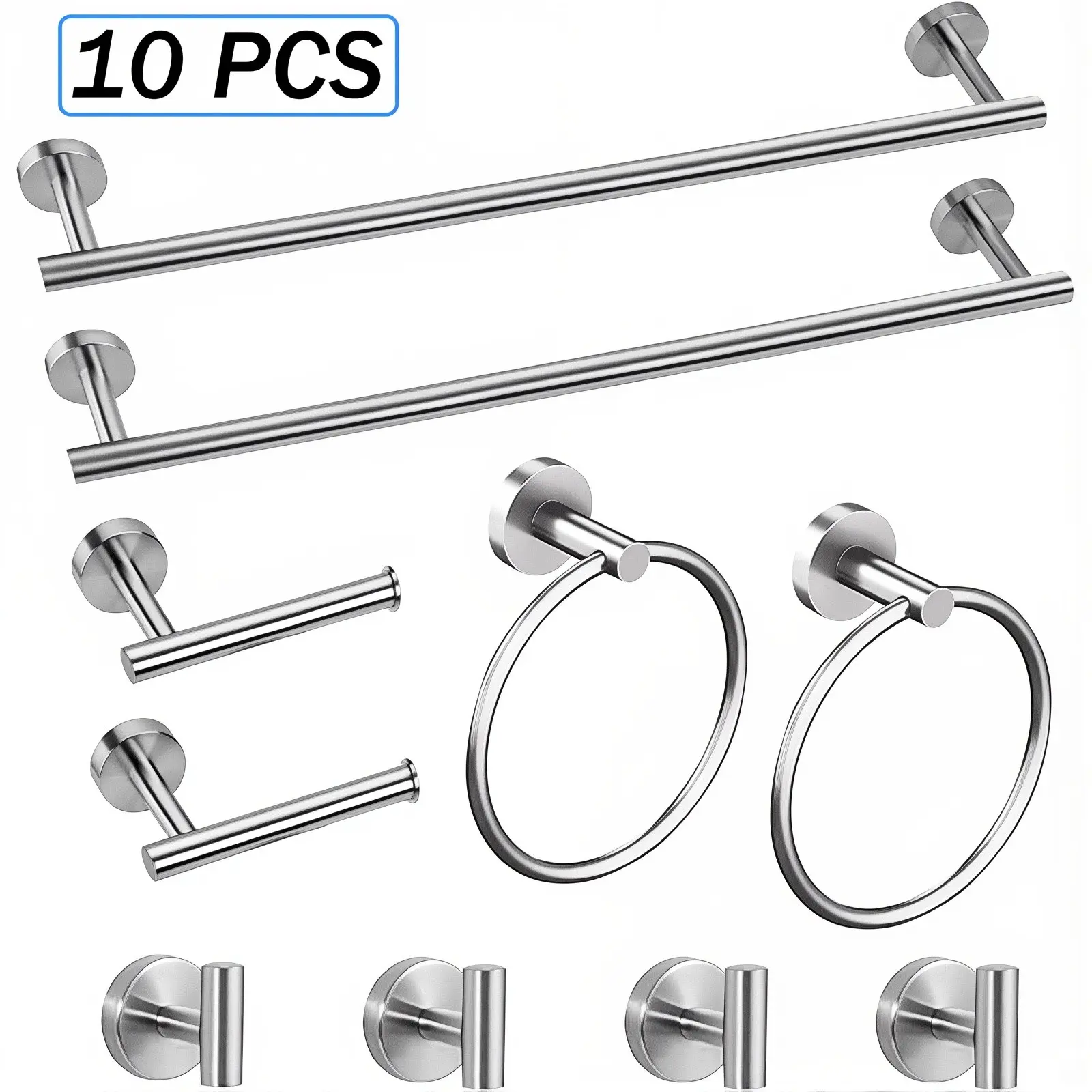 ATSHOWER 10-Pieces Brushed Nickel Bathroom Accessories Set, 10 Pieces Bathroom Hardware Set, 2 pcs 16 inch Towel Bar, 2 pcs Towel Racks for Bathroom, 4 Robe Towel Hooks, 2 Toilet Paper Holder Wall Mounted, Stainless Steel Towel Bar Set