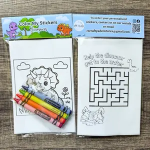 Dinosaur Sticker Kits - Color Your Own 6 Adorable Stickers & 4 Crayons for Kids, Birthday Party Favors, Classroom Gifts, Kids Crafts, Art Activity Kits for Kids