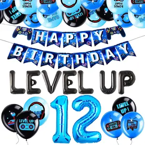 LaVenty 12th Birthday Decorations for Boys Video Game 12th Birthday Party Decoration Blue Video Game Themed Party Supplies set with Level 12 Banner Balloons Backdrop Gamer Birthday Decor for Boy 12th Birthday