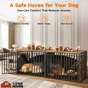 Little Haven Heavy Duty Furniture Style Dog Crate - Modern End Table Kennel with Built-in Feeding Bowls & Anxiety-Relief Felt Interior - Sturdy Wooden Pet House for Large/Medium Dogs