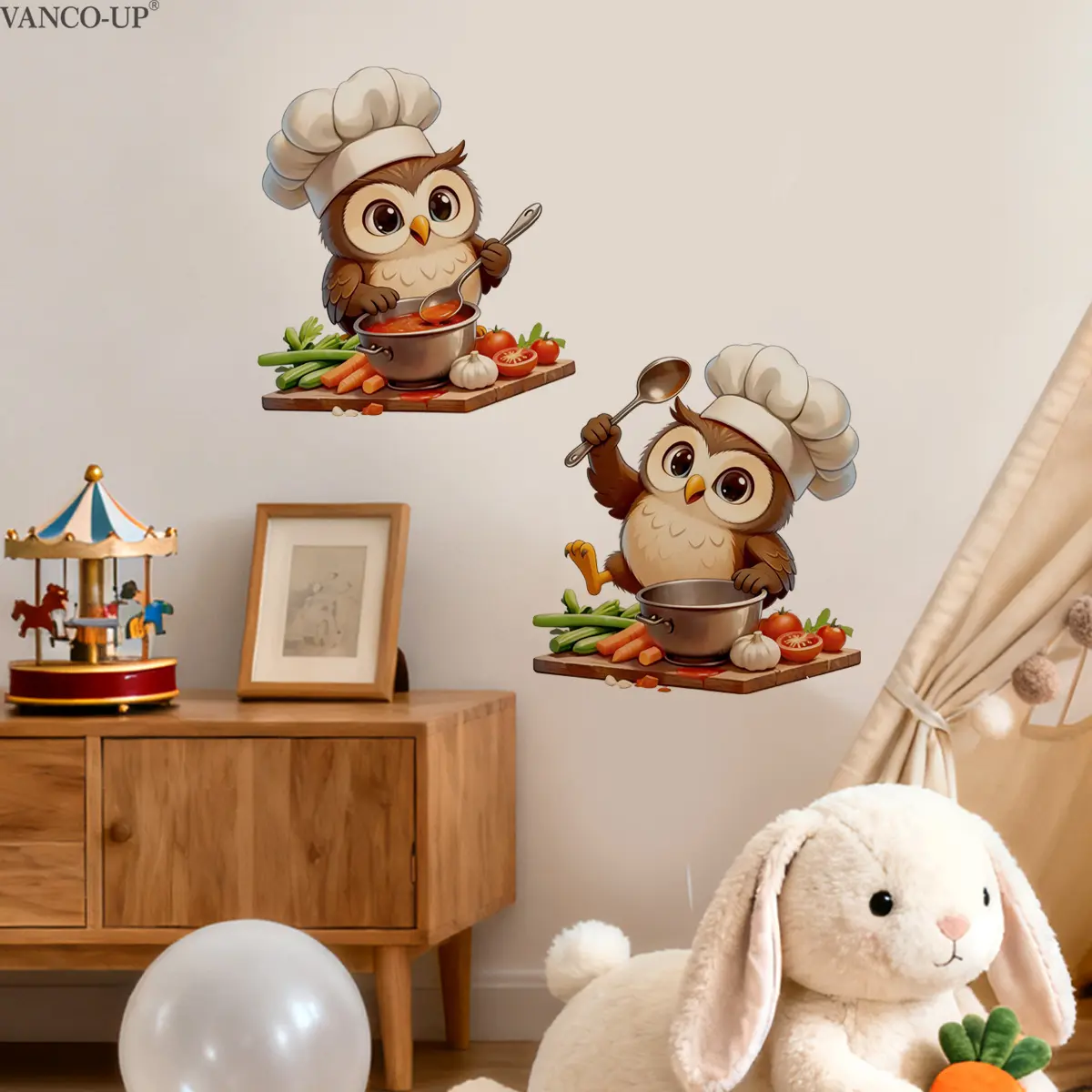 Cartoon Chef Owl Wall Stickers 30×30cm 2Pcs/Set Vegetable Cooking Theme Kitchen Restaurant Self-Adhesive Decor