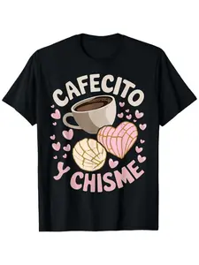 Summer Fun Cafecito Y Chisme Coffee Bread Print Short Sleeve T-Shirt, Latin Culture Enthusiasts Coffee Party Unisex Adult Casual Top