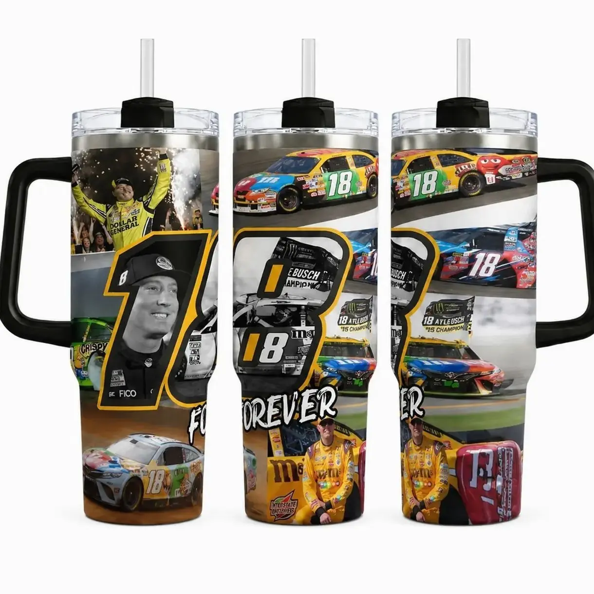 Kile Bsch Forever Racing Tumbler 40oz 30oz, Number 18 Stock Car Fan Cup, Black Yellow Memorial Style Drinkware, Race Day Gift For NASCAR Fans Dad Men, Not Including The Straw Water Bottles Bottle