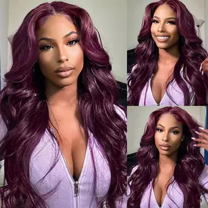 Megalook 13x4 Body Wave Side Part Plum HD Lace Front Human Hair Wig Natural Hairline Deep Part Fashion Style For Women Silky Straight Texture Plum Color