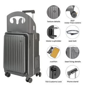Rideable Suitcase with Seat and Seatbelt — Front-Opening Design, Silent 360° Spinner Wheels with Brakes — Rolling Luggage Ideal for Airport Travel, Vacations, and Family Trips (Premium Grey) One-Button Removable carry-on lightweight Stylish TSA Set Lock