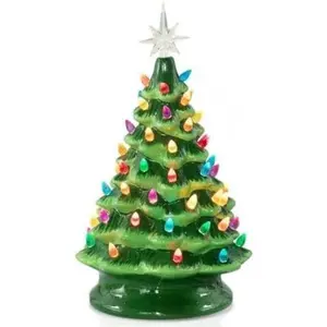 13 Inch Ceramic Christmas Tree, Pre-lit Tabletop Christmas Tree with Multicolored LED Lights, Battery Operated Vintage Lighted Ceramic Tree for Home Office Table Holiday Decorations, Green