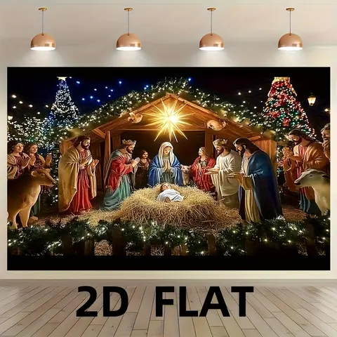 Christmas 2D Flat Nativity Scene Backdrop Flat Banner, Durable Polyester Mary-Joseph-Young Jesus Design, Large Scale Photography Cloth for Indoor/Outdoor Home Decor, Holiday Events