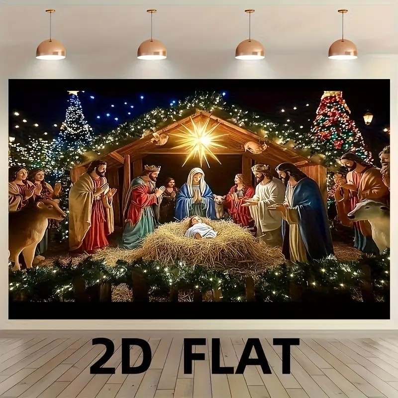 Christmas 2D Flat Nativity Scene Festive Banner & Backdrop, Durable Polyester Mary-Joseph-Young Jesus Design, Large-Scale Photography Cloth for Indoor-Outdoor Home Decor, Party Supplies, Banners,summerwins