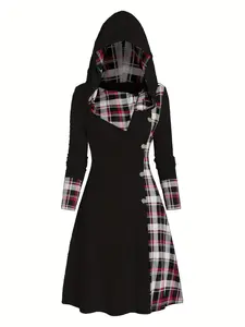 Women's Fall Winter Knit Hooded Plaid Print Patchwork Fake Button High Waist Long Sleeve A-Line Dress, Casual Boho Elegant, Stylish and Warm
