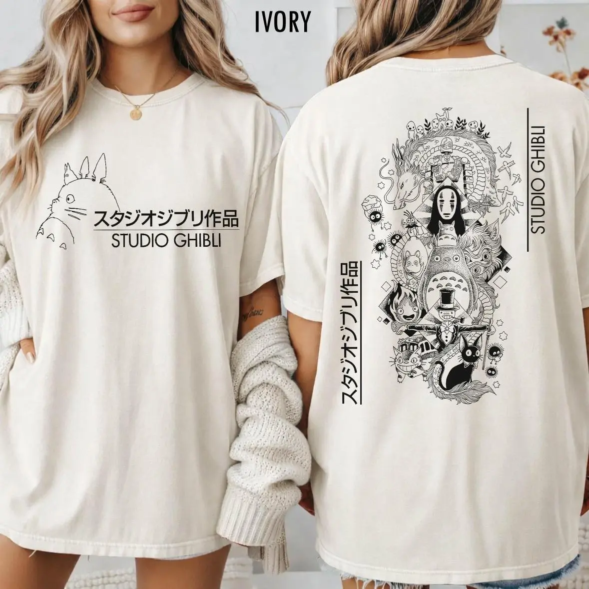 2-Sided Vintage Studio Ghibli Shirt, Sweatshirt, Hoodie, Anime Gift, Totoro, Spirited Away, No Face, Howl Calcifer, Kodama, Susuwatari, No-Fade Colors, Wash After Wash, Classic Styles, Never Go Out of Fashion