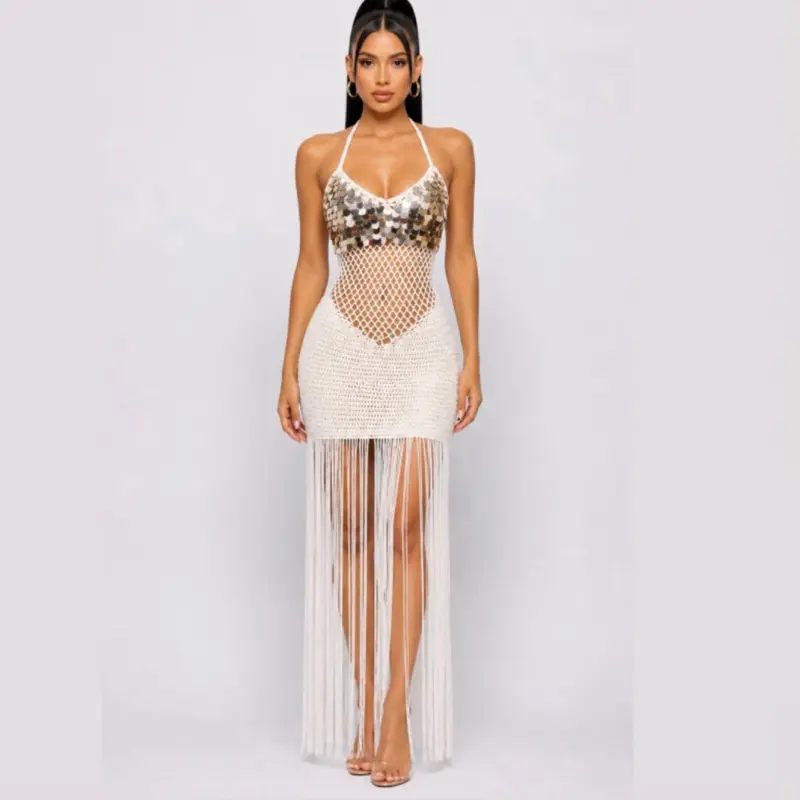 Coral Reef Fringe Dress Womenswear Summer Maxi knitted dress  Tassel Crochet Tropical Sequin