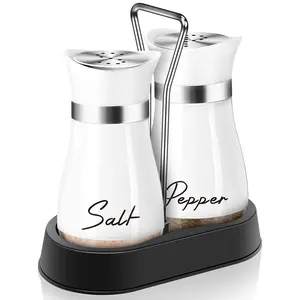 Salt & Pepper Shaker Set with Holder, 1 Set 4oz Salt Shaker with Stainless Steel Lid, Seasoning Utensils for Kitchen Cooking BBQ, Housewarming Gift