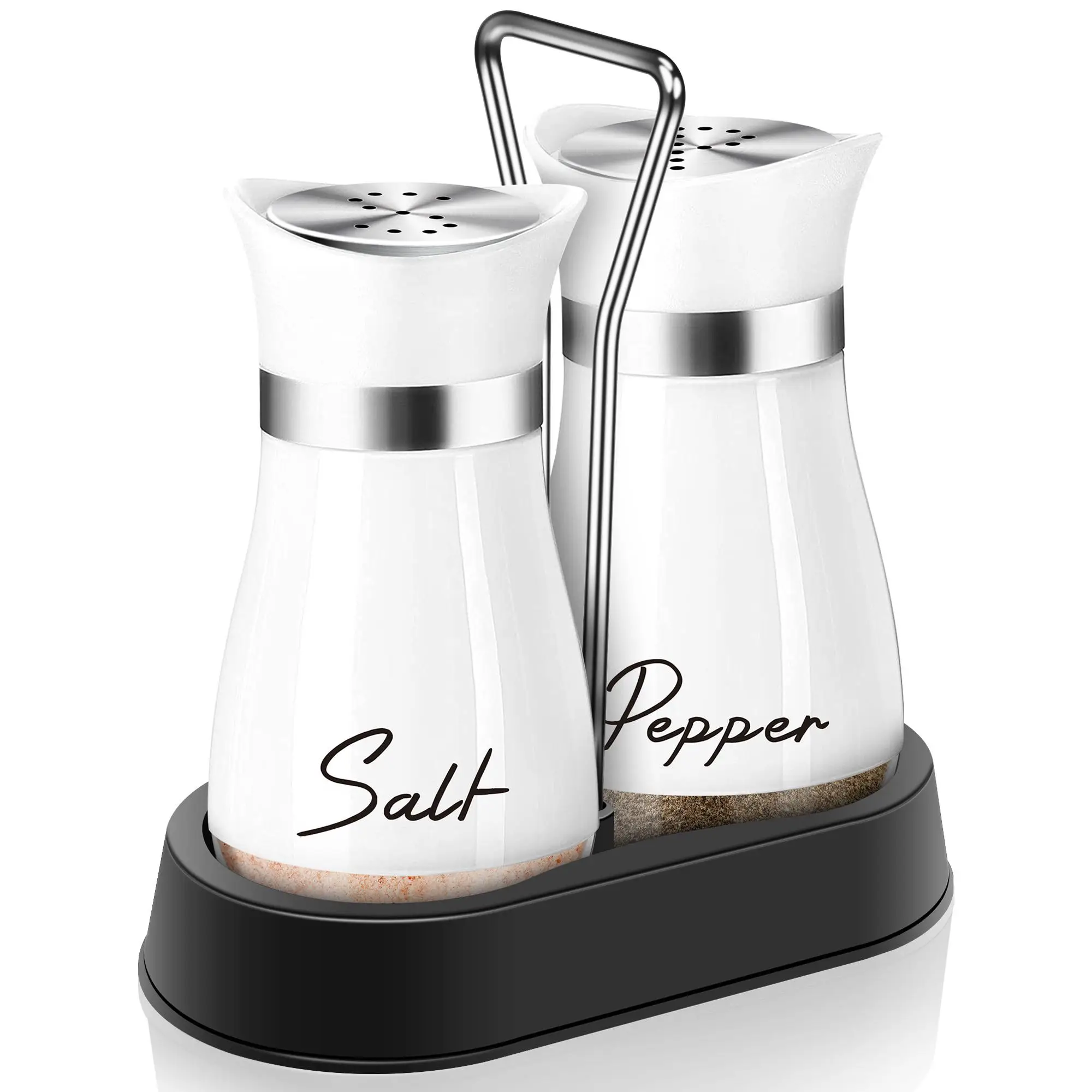Salt & Pepper Shaker Set with Holder, 1 Set 4oz Salt Shaker with Stainless Steel Lid, Seasoning Utensils for Kitchen Cooking BBQ, Housewarming Gift