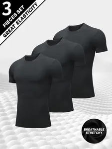3 Pieces Men's Black Sport Compression Shirts - Breathable & Stretch Workout T-Shirts, Quick Dry Athletic Tops for Gym, Running & Outdoor Sports