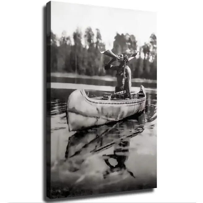 1908 Native American Ojibwe Black-White Artistic Handmade Photo Artwork, Canvas Print Poster Wall Art for Living Room, Bedroom Modern Home Decor
