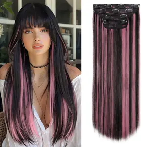 [Vigorous] Pinkish Purple mix Natural Black Straight Clip in Hair Extensions 24Inch Hair Extensions for Women 4PCS Long Wavy Synthetic Soft and Natural Hairpieces