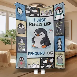 A Penguin-Patterned Flannel Blanket in a Nine-Square Grid, Essential for Warmth at Home, in The Office, Or While Traveling