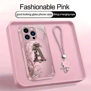 Crown Floral Art 26 letter Phone Case, Suitable for [iPhone 15 Pro Max] high-end women's, Lanyard a beautiful four-leaf clover lanyard is included🍀 952