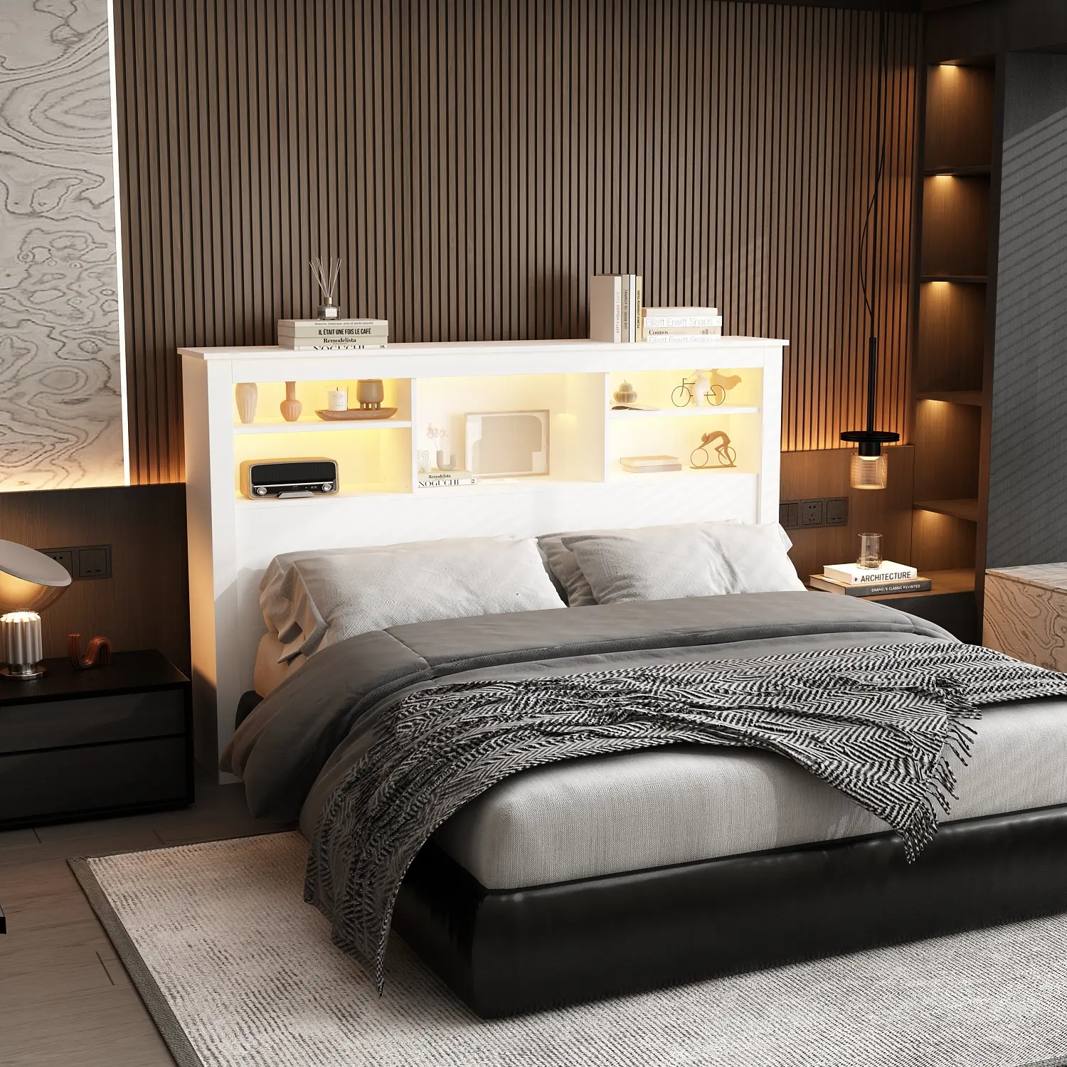 FUFU&GAGA Queen Size Bookcase Headboard With A Hole For Passing Cords & Lights