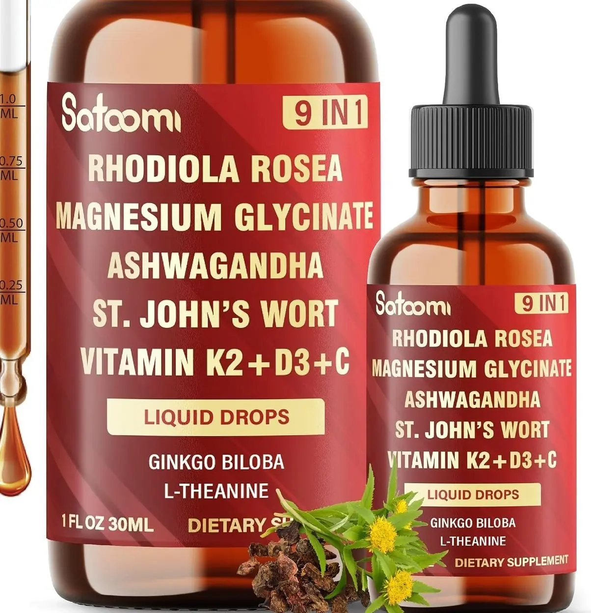 Satoomi 9in1 Rhodiola Rosea Tincture w/Ashwagandha Root Magnesium, L-Theanine. Ultra Strength Rhodiola Cortisol Supplement, Rhodiola Root Extract - 1 FL Oz - 2 Month Supply