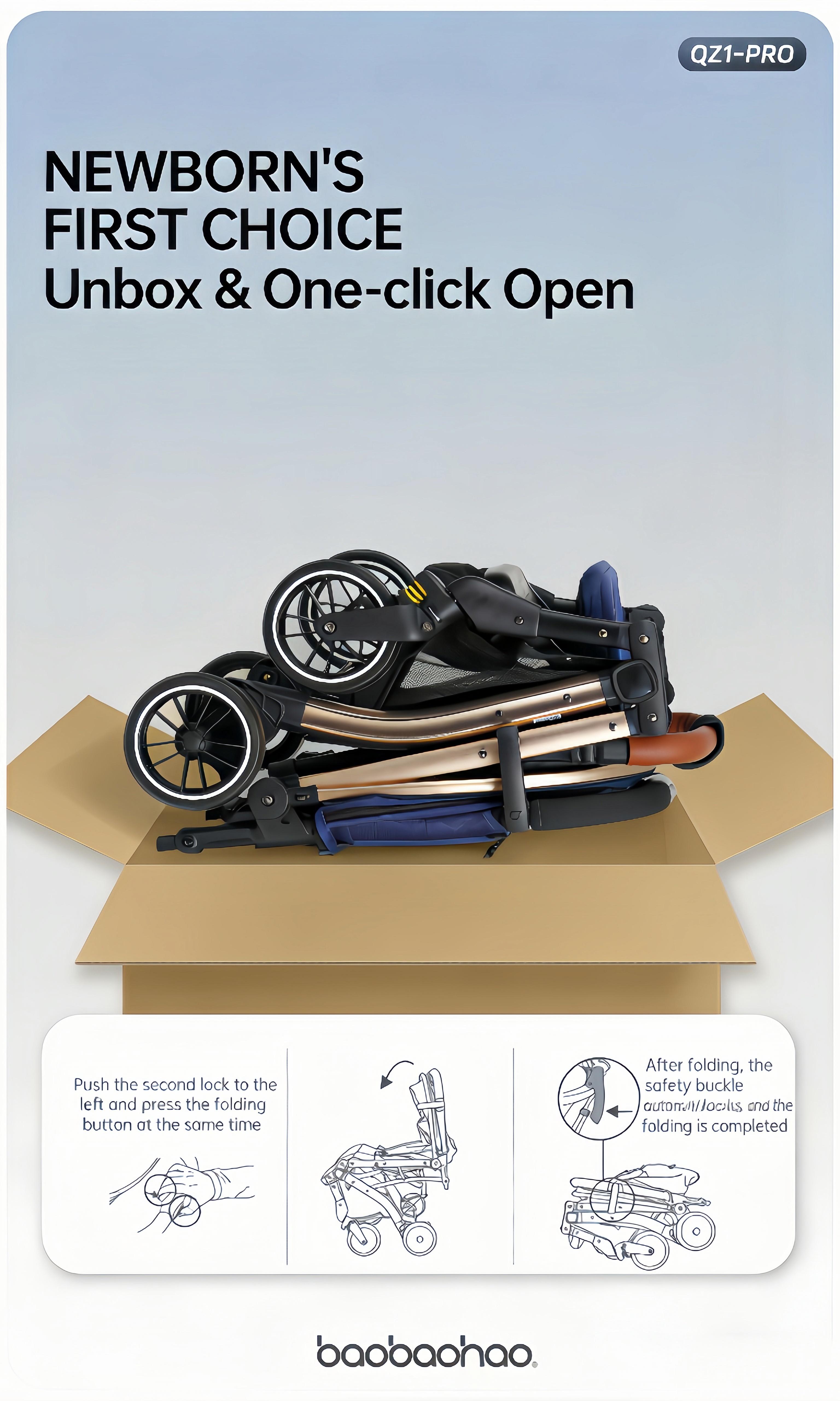 Baobaohao QZ1-Baby Stroller – Wider Cabin for Easy Outings, Seats & Lays Flat, Full Wind Protection, Breathable Mesh for Summer, Lightweight & Foldable, Suitable for Newborns to Age 3