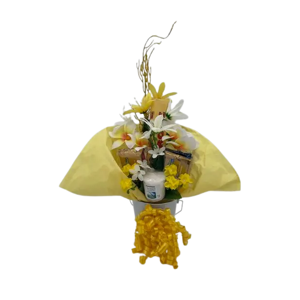 Lemon Sorbet Bouquet Gift Set with Toblerone Chocolate Ghirardelli Milk Chocolate & Yankee Candle Scented Votive Clean Cotton for Relaxing Home Decor