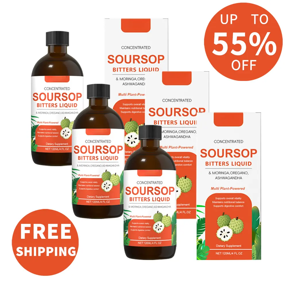 Edible Natural Soursop Bitters Liquid Supplement - 120ml Plant-Based Dietary Supplement with Ashwagandha, Ciguo, Pomegranate, Soursop Leaf Botanical Extracts for Herbal Detox, Digestive Health, Prop 65 Safe, Natural Supplements
