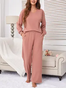 Women's 2-Piece Set V-Neck Knit Top & Pants with Pockets, Casual Loose-Fitting Autumn Winter, Home Wear or Outerwear