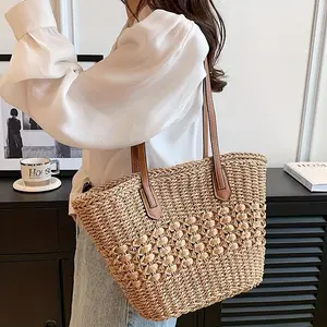 Luxury Braided Straw Tote Bag - Large Capacity Beige Khaki Hollow Design for Women Beach Travel Party Casual Fashion
